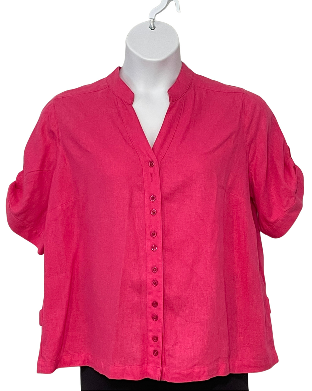 CJ Banks Sz X (14W) Button Front Blouse Roll-Tab Sleeves V-Neck Hot Pink Linen